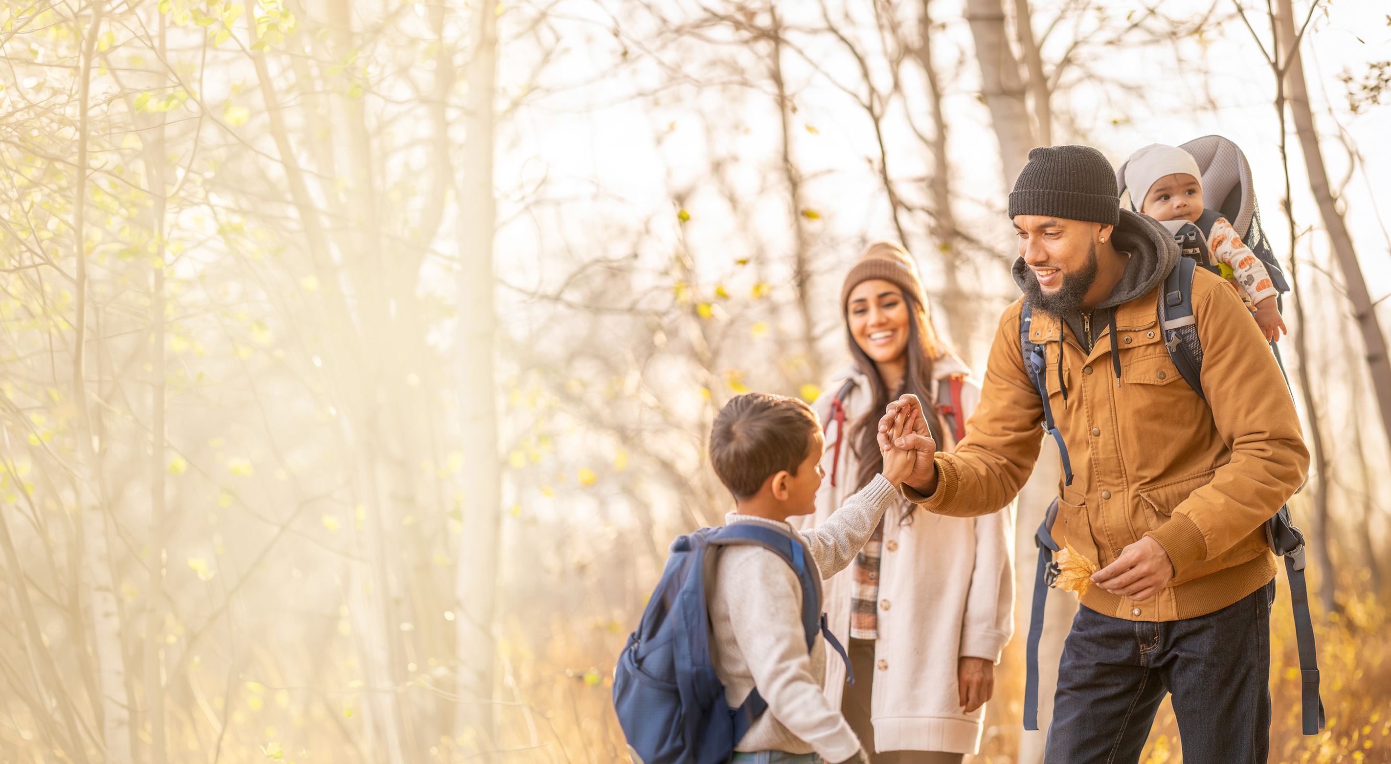 family on a hike in the woods